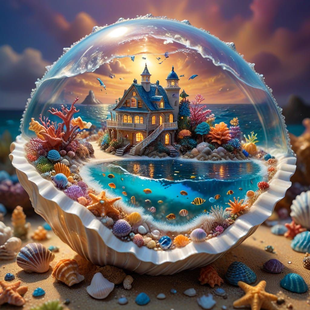 Miniature Ocean World in Seashell, Hyperrealistic Photograph...