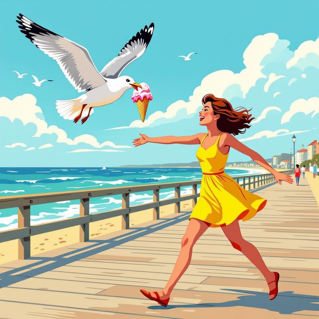 Woman Chases Seagull Stealing Ice Cream on Boardwalk