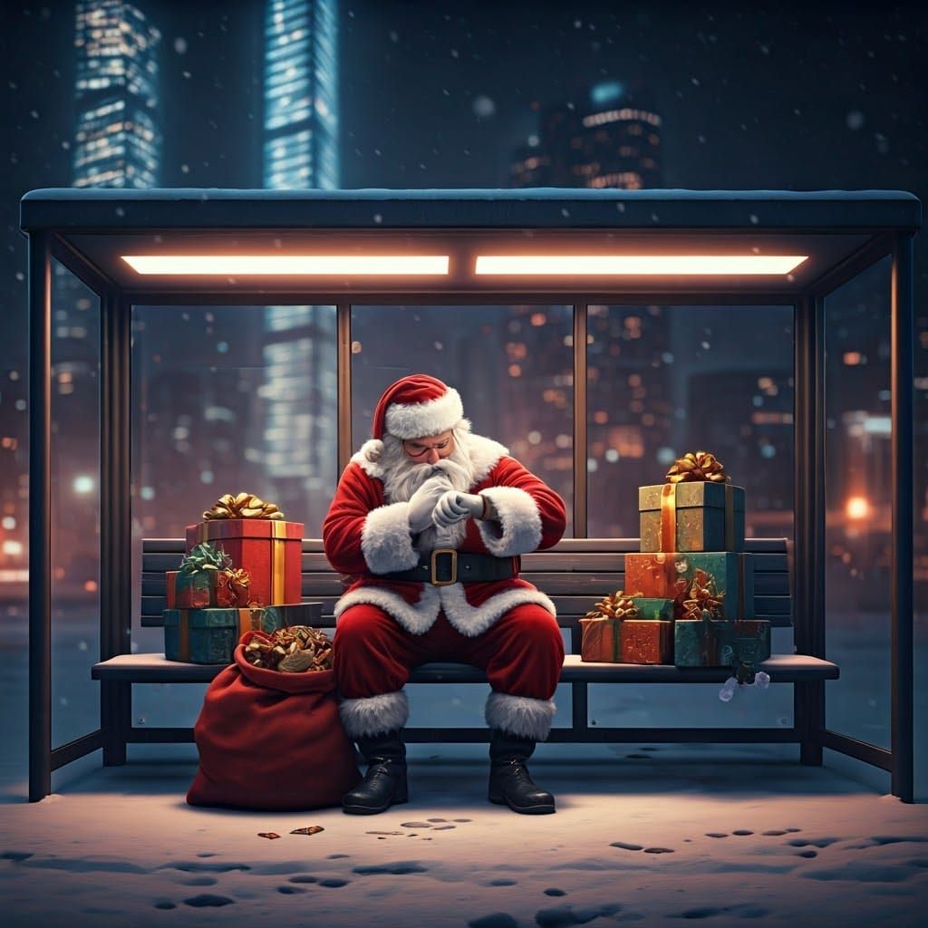 Sleek Santa Waits in the Snowy City Night