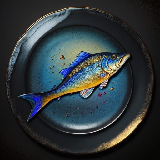 Golden Masterpiece Still Life of a Fish on a Plate