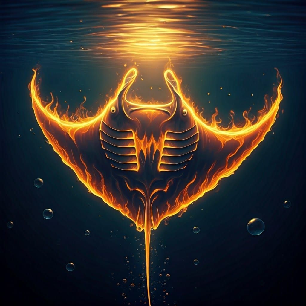Fiery Manta Ray Swimming in the Deep Sea