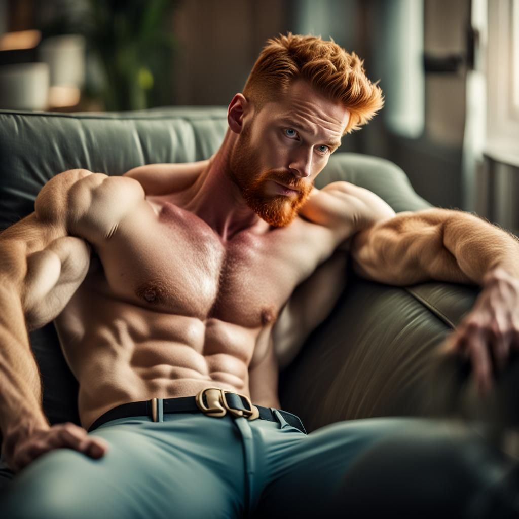 Ginger Haired Man Relaxing on Sofa