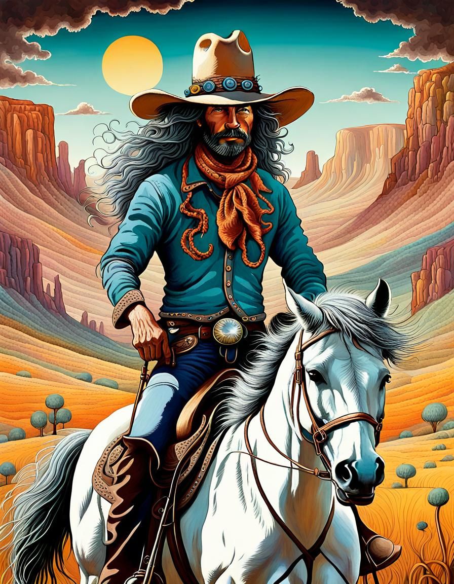 Surreal Cowboy on Horse in Wild West Landscape