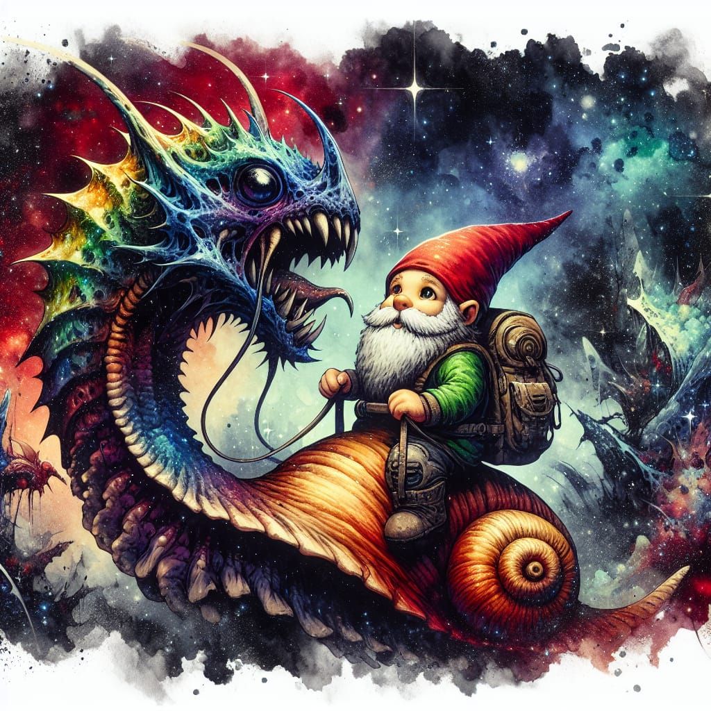 Gnome Rides Dragon-Snail in Acid Ink Watercolor