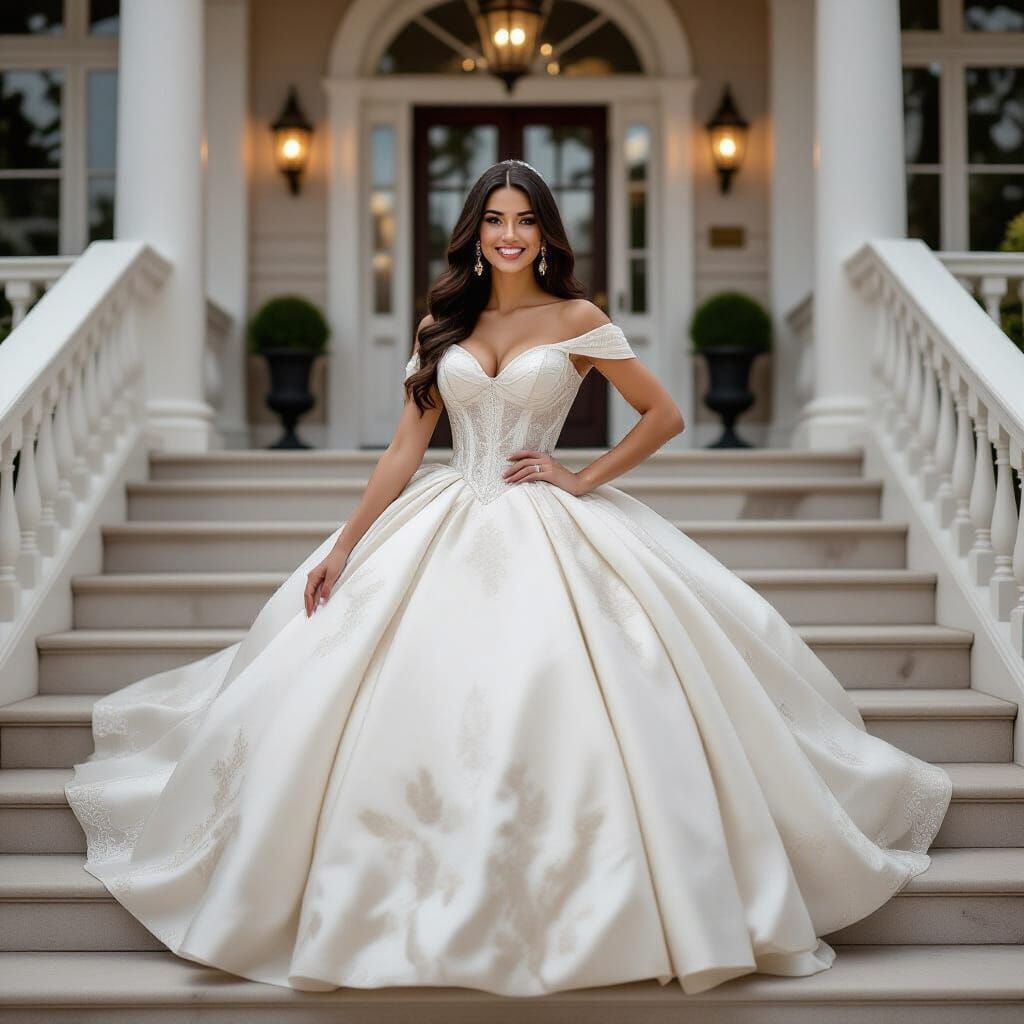 Woman in Sparkling Gown at Mansion, Cinematic Style