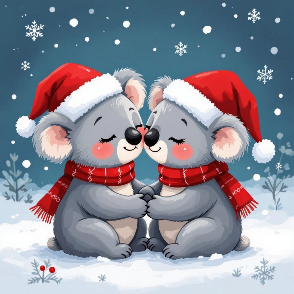 Cute Cartoon Koalas in Santa Hats Sharing a Kiss