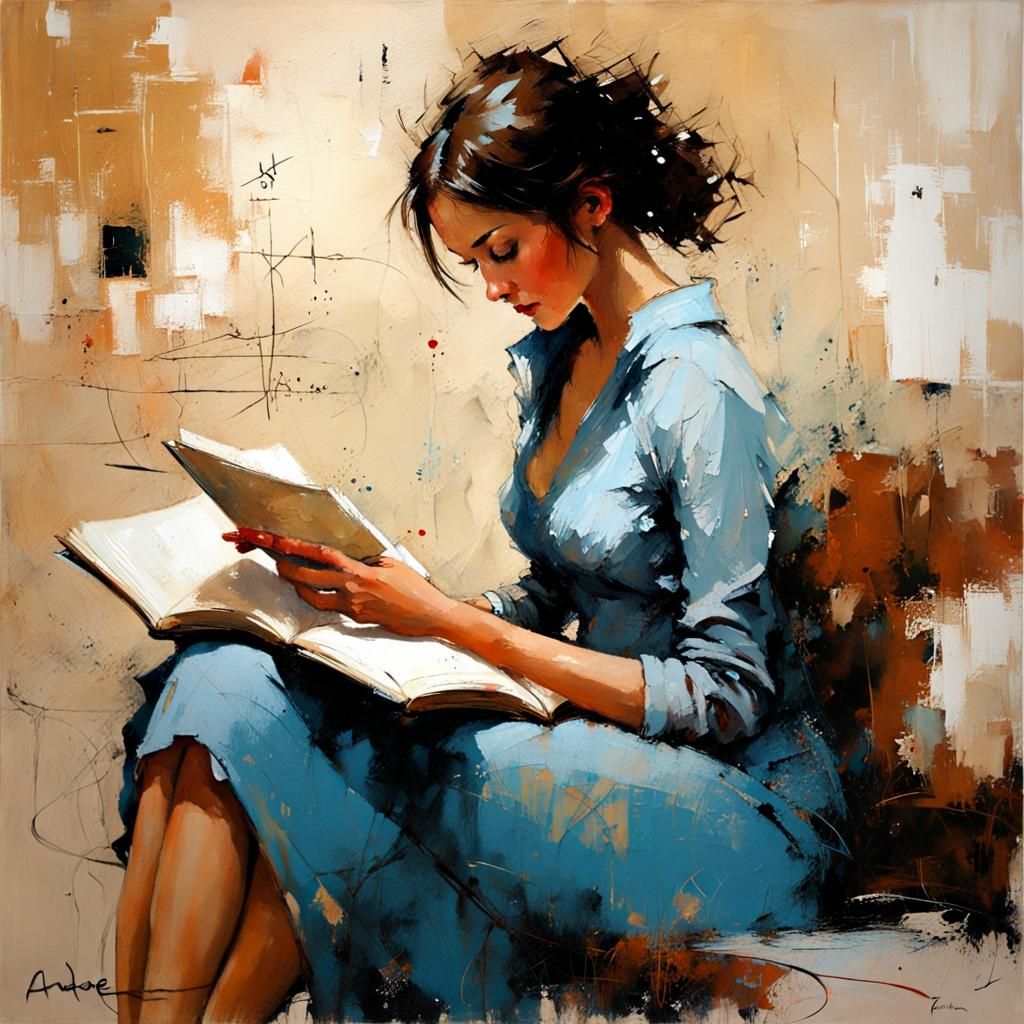 Girl Reading, Painterly Style Portrait