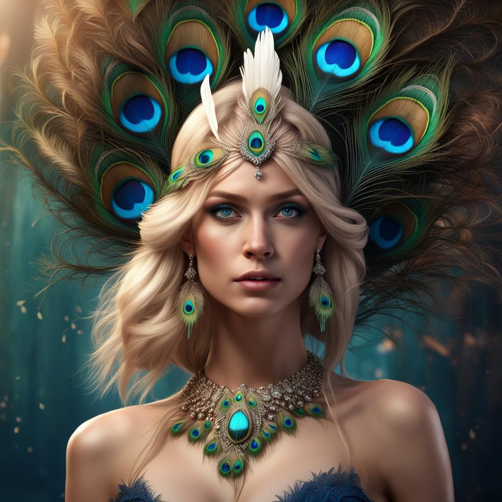 Woman in Peacock Feathers: Hyperrealistic Digital Portrait