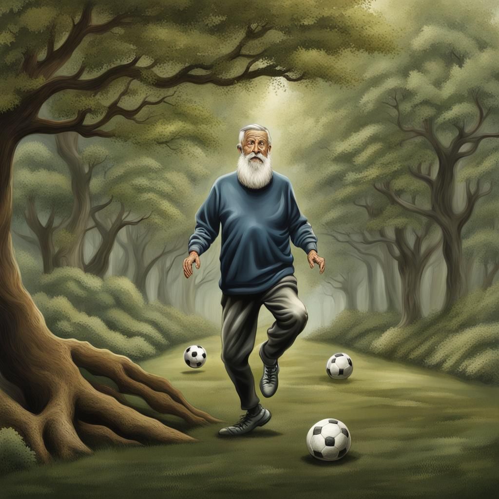 Man with Silver Beard Plays Soccer in Woodland