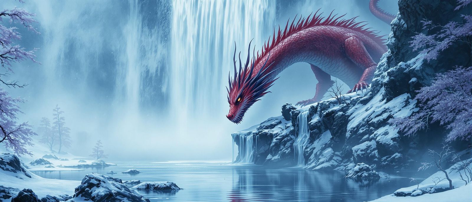 Majestic Red Dragon Drinks from Winter Waterfall in Snowy Go...