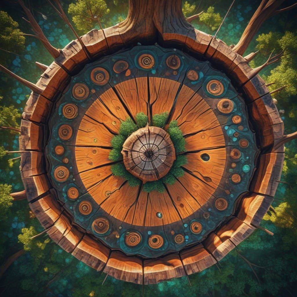 Magic Tree Stump with Glowing Ring in Surreal Low-Poly