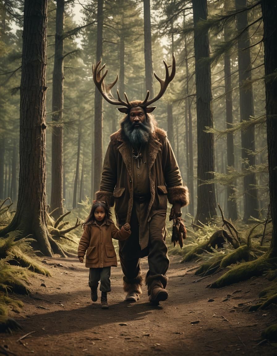 Antlered Forest Man and Girl: Cinematic Film Still
