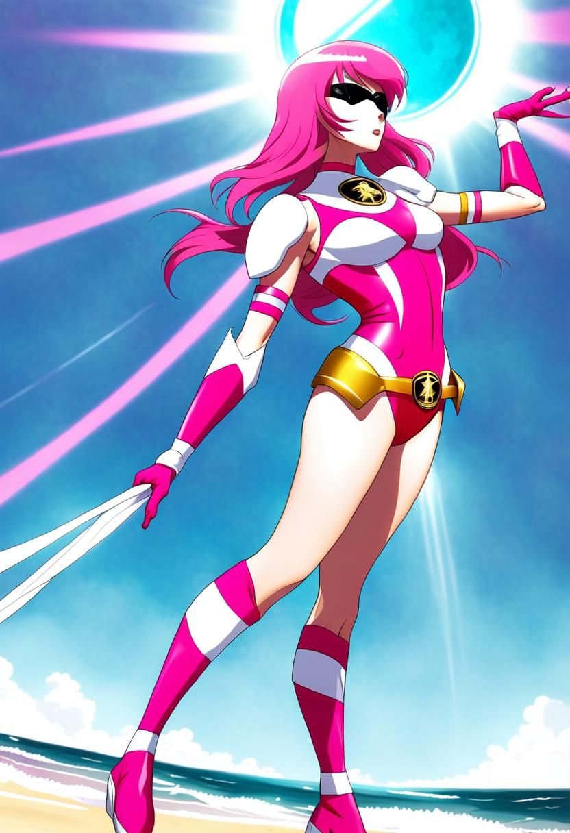 Heroic Pink Ranger Girl on Beach in Anime Style