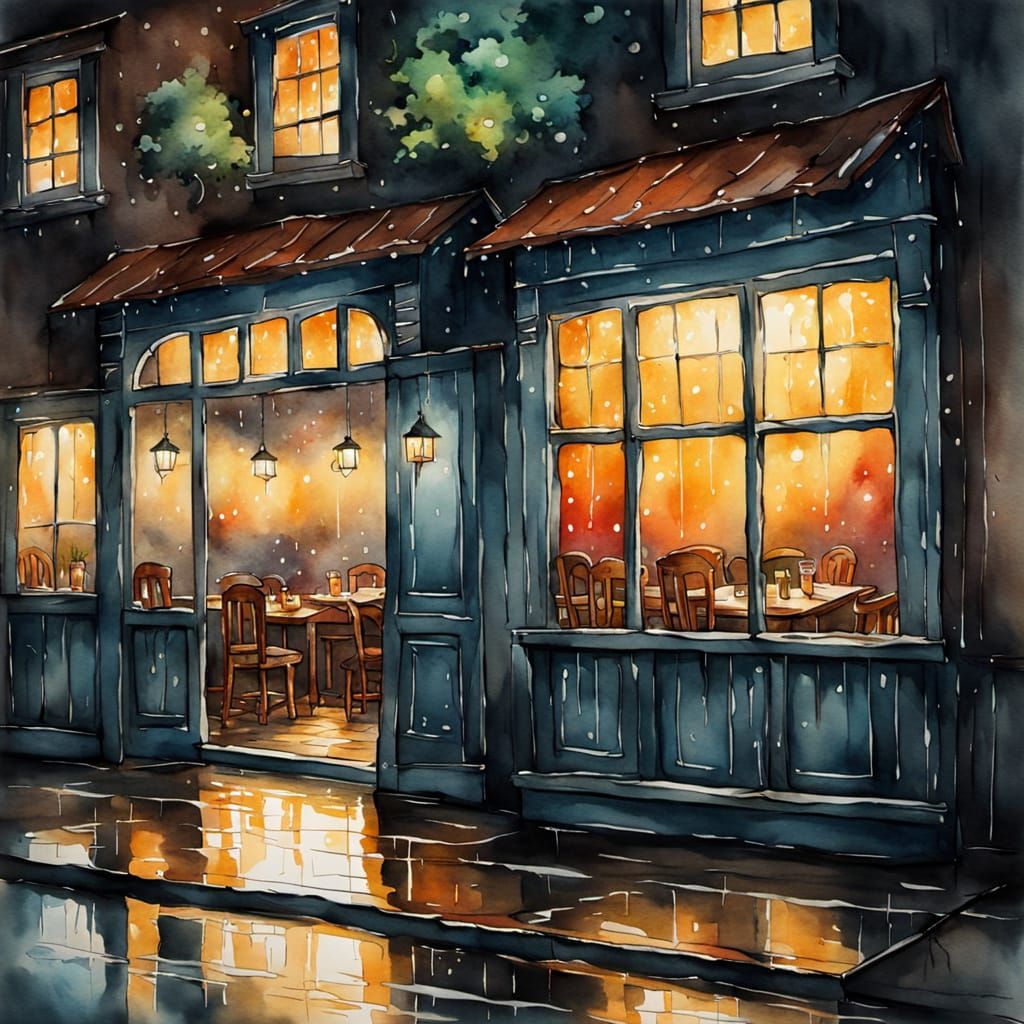 Glowing Tavern Window on Rainy Night in Watercolor