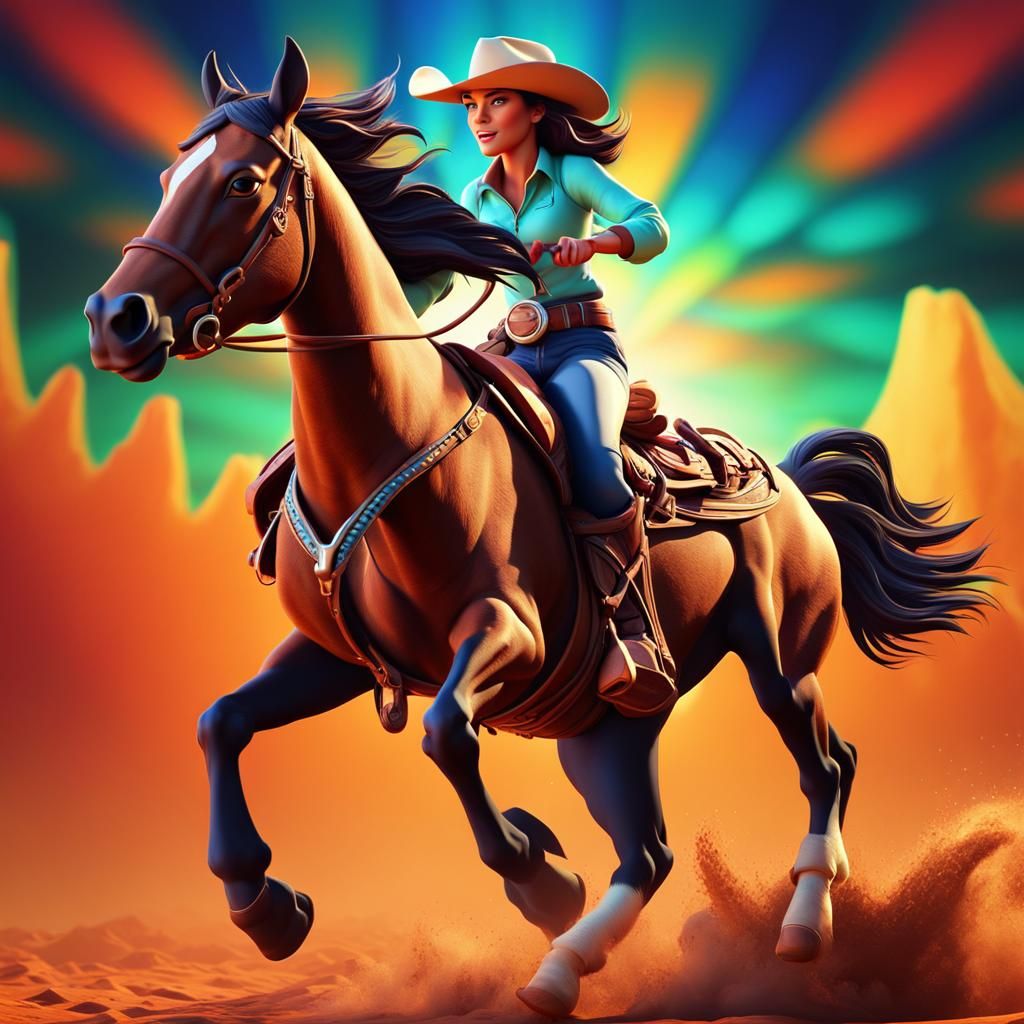 Rodeo Cowgirl on Bronco: 3D Digital Art