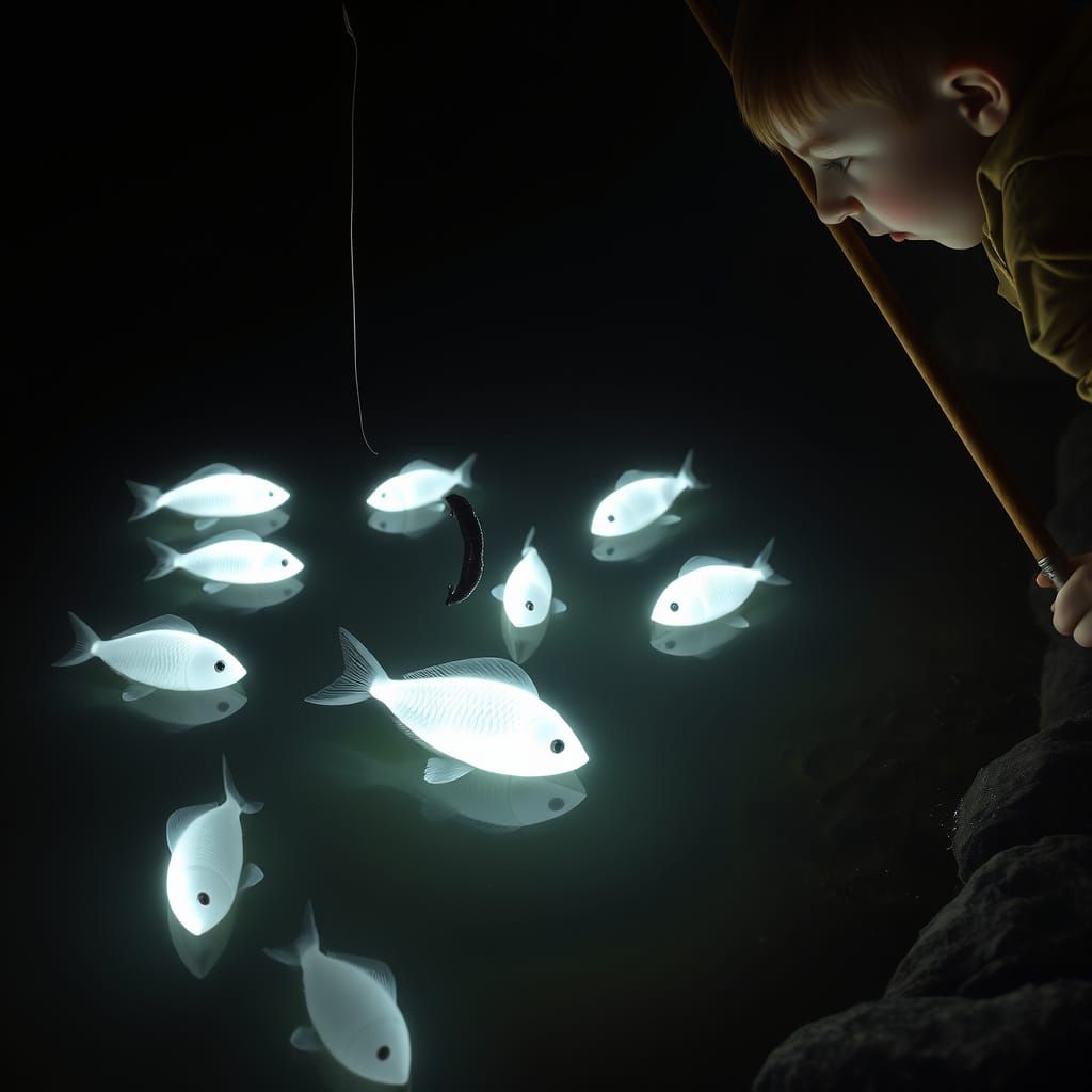 Glowing Fish Swim in Pond at Night