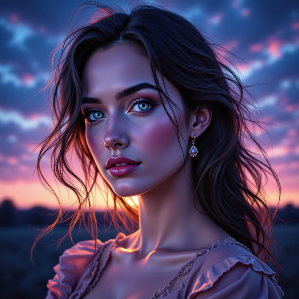 Woman Portrait in Golden Twilight with Swirling Sky