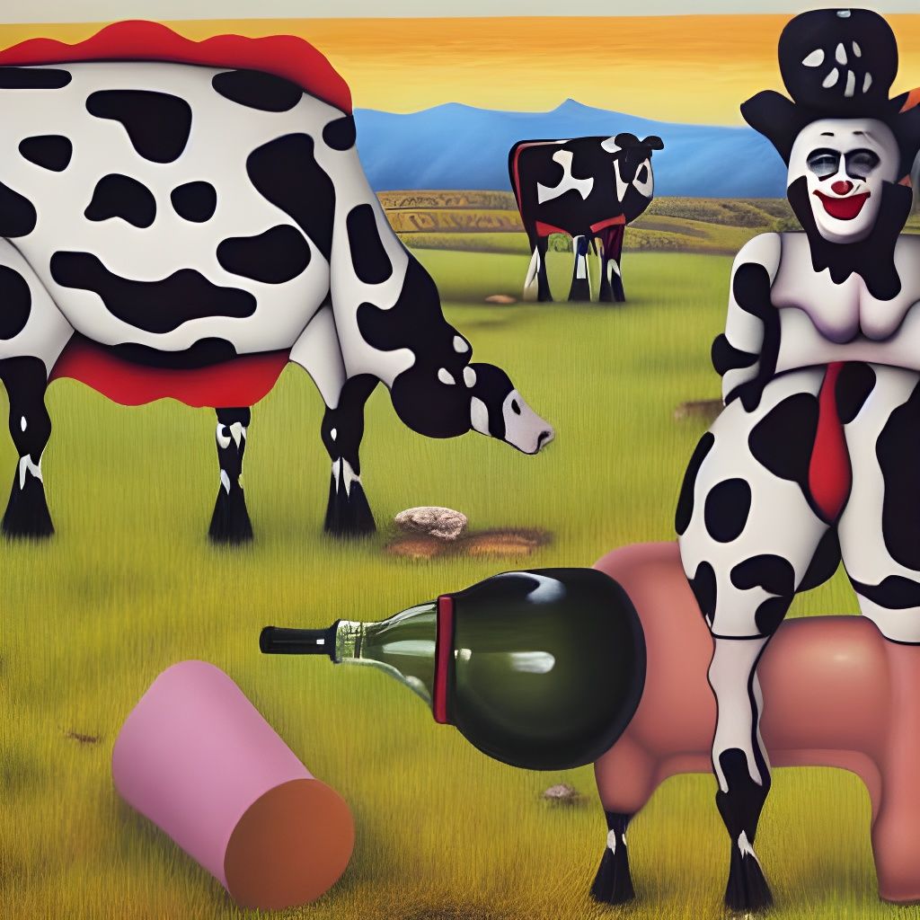 Surreal Cows on Cheese Meadow: Twisted Clown Painting