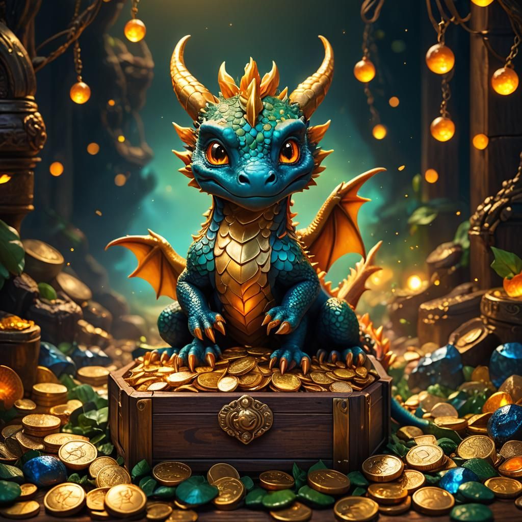 Miniature Dragon in Gold Jewelry Box: Fantasy Art