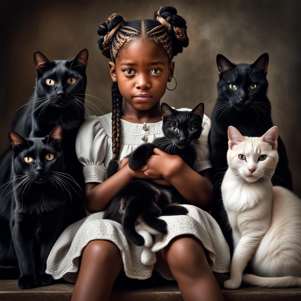 Girl with Braids Holding Black Cat