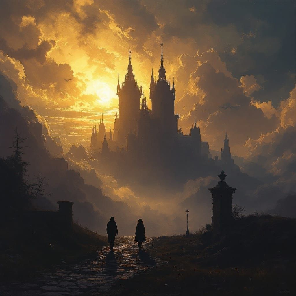 Romantic Landscape Painting with Dramatic Silhouettes