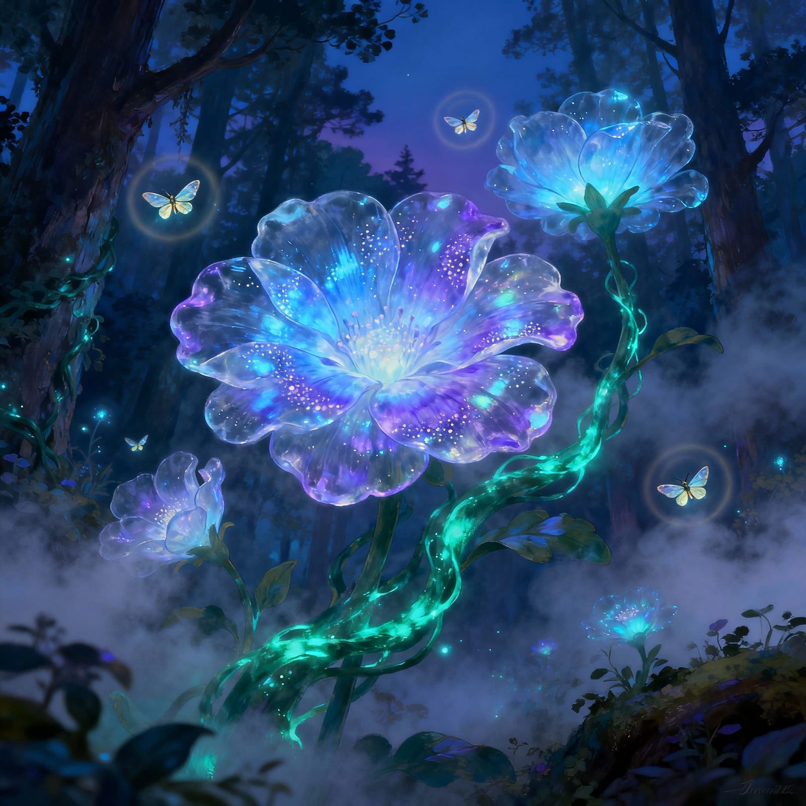 Bioluminescent Forest Twilight Fantasy Illustration