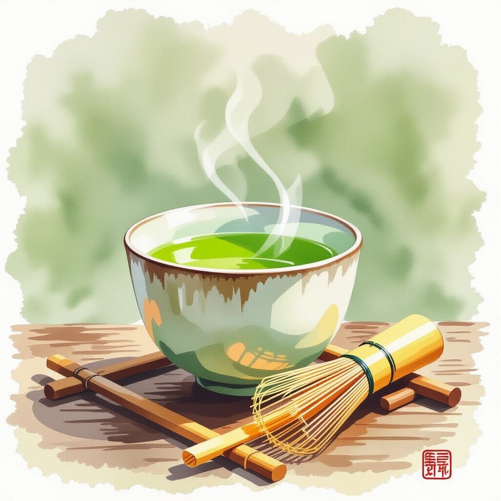 Matcha Tea Ceremony Watercolor Illustration - Zen Simplicity