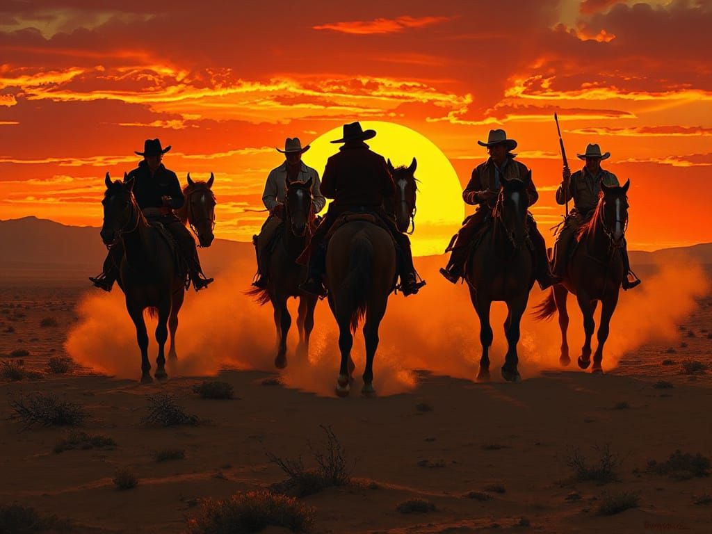 Cowboys Silhouetted Against Western Sunset