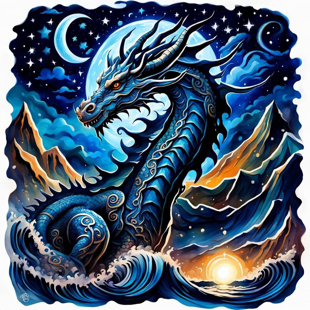 Majestic Celtic Sea Dragon in Watercolor Gouache