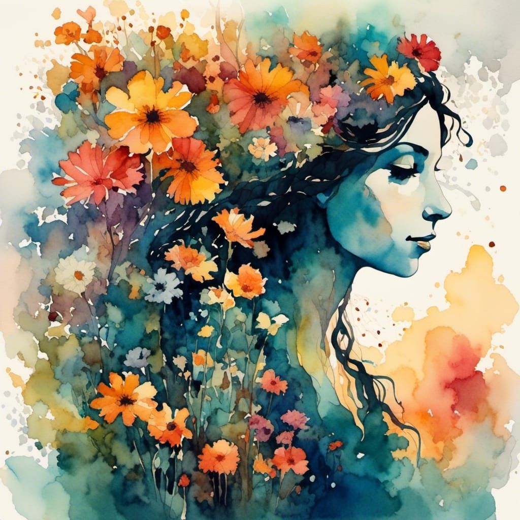 Psychedelic Watercolor Gypsy Woman in Flower Garden