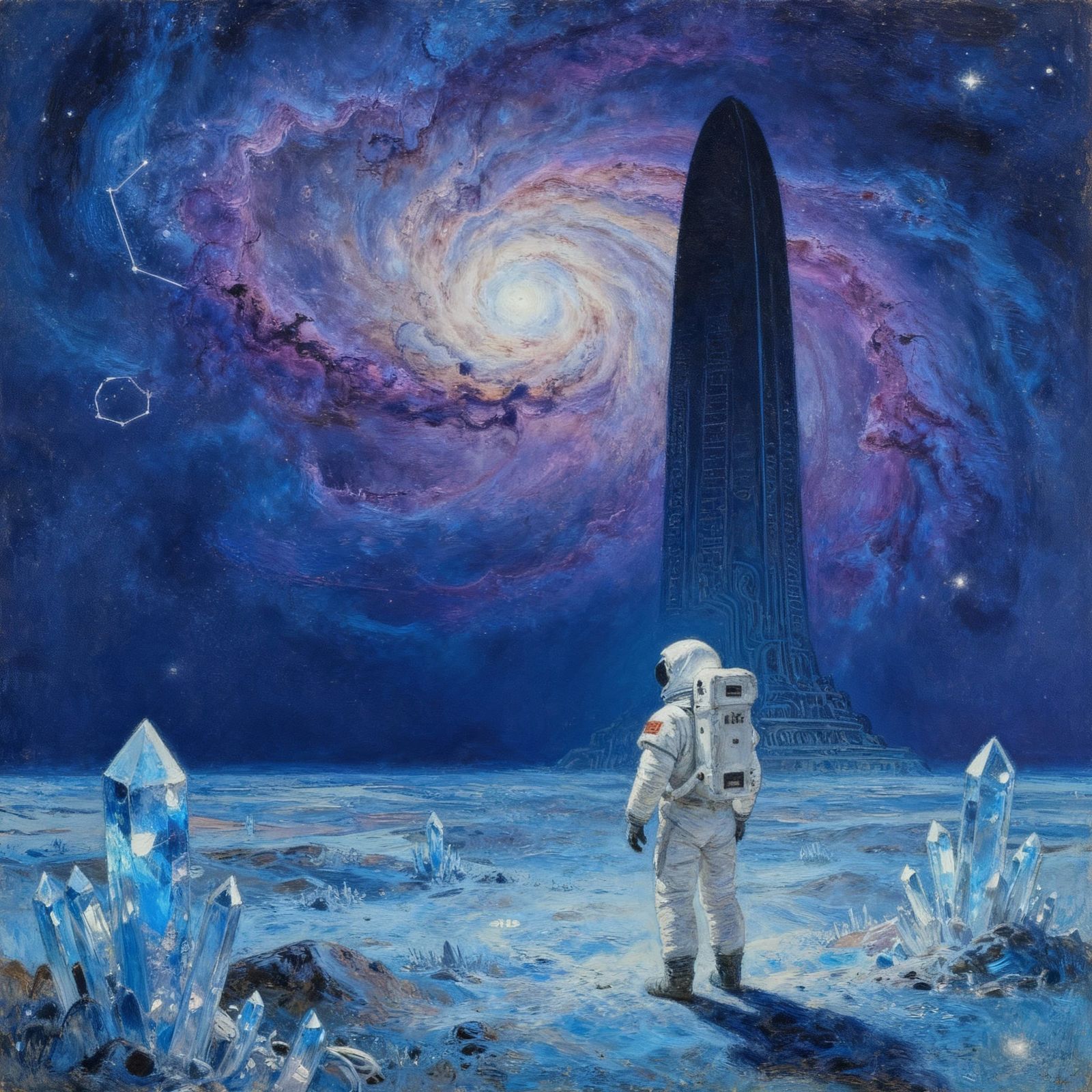 Astronaut Gazes at Alien Monument in Nebula