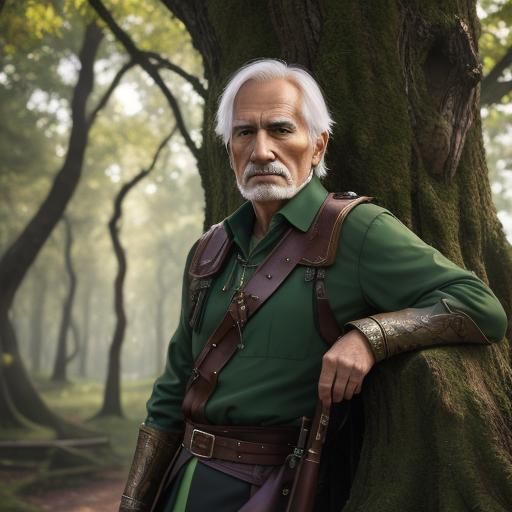 Elderly Robin Hood Resting in Forest, Hyperdetailed Photogra...