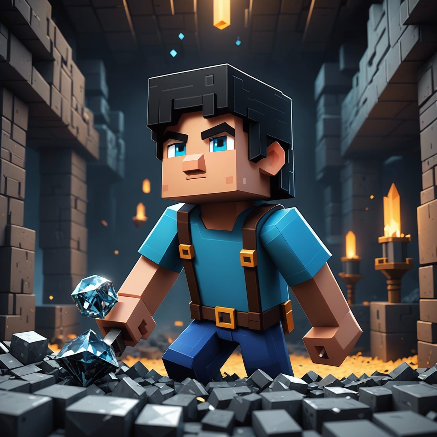 Minecraft Character Mining Diamonds: Detailed Matte Painting