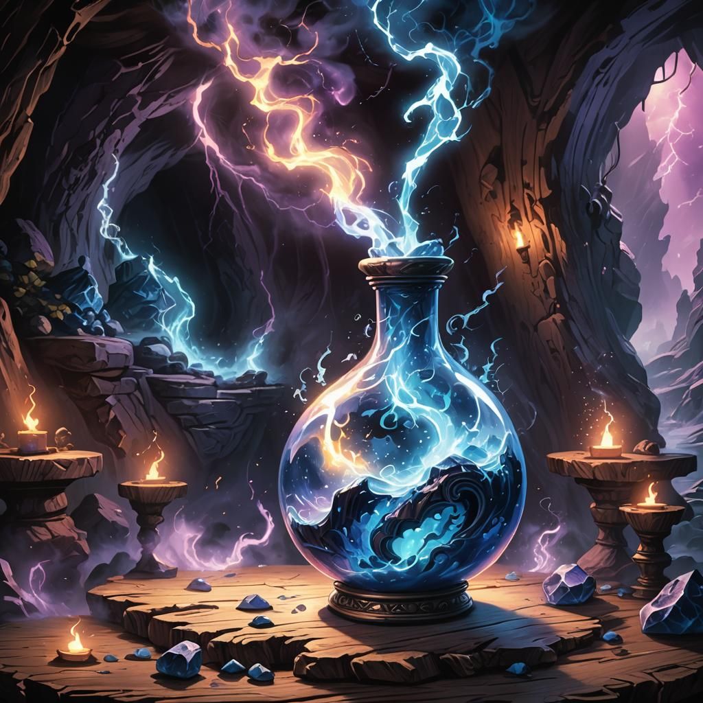 Glowing Blue Potion in Mystical Cave
