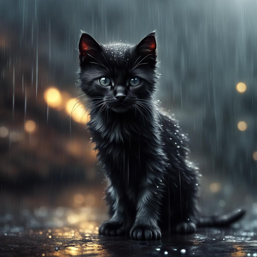 Sad Black Kitten in Rain: Hyperrealistic Digital Art