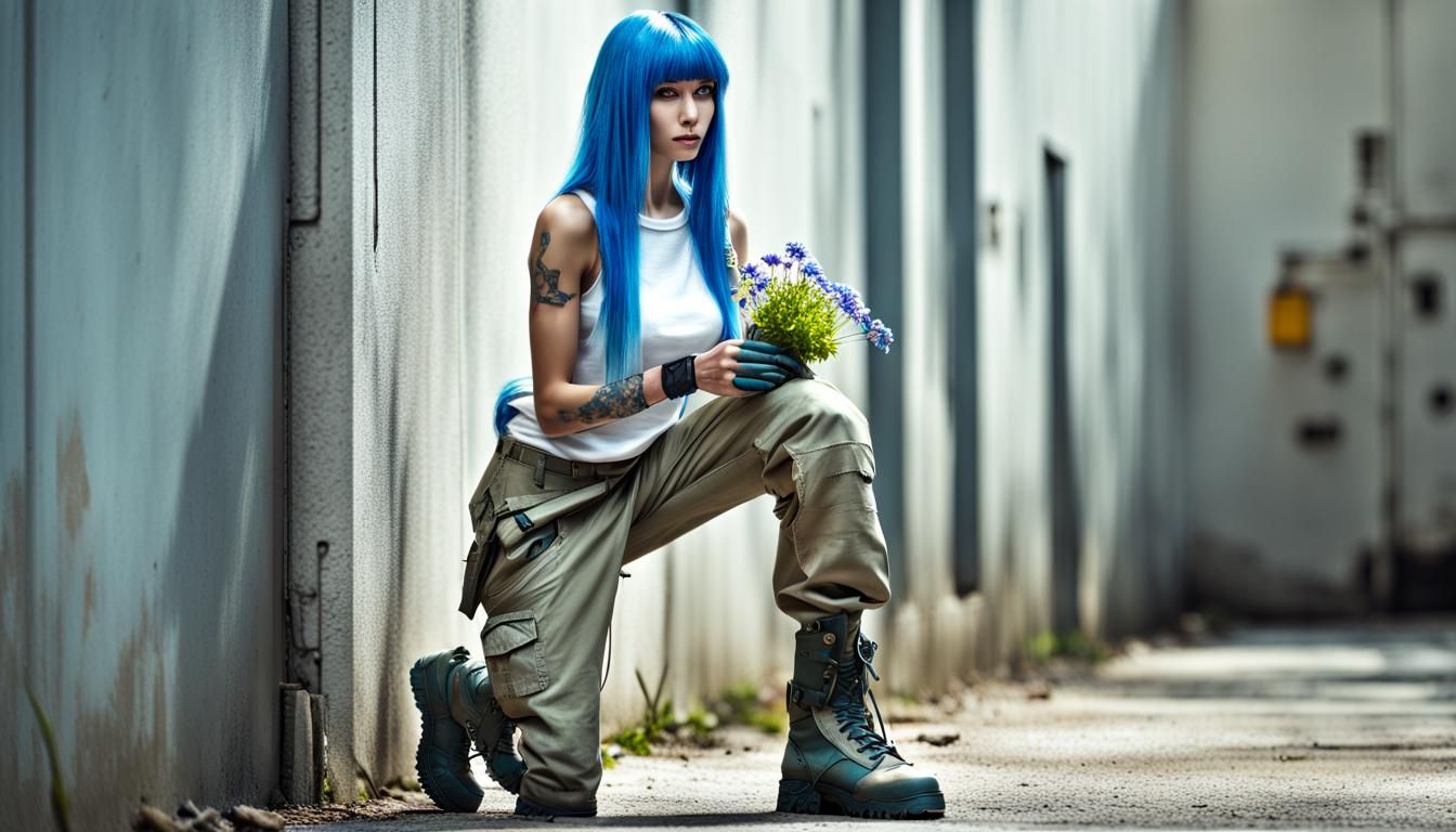 Cyberpunk Woman Picking Flowers by Concrete Wall