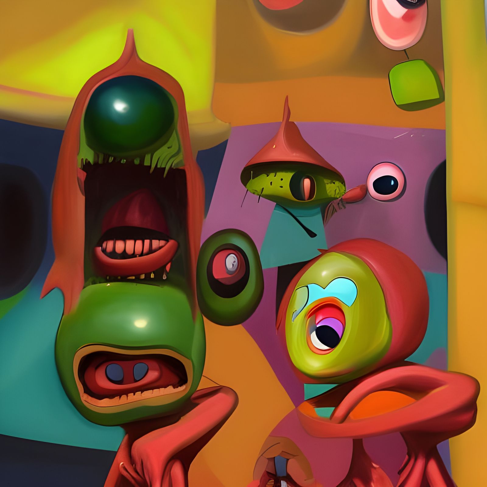 Surreal Cartoon Aliens in Grotesque Oil Painting