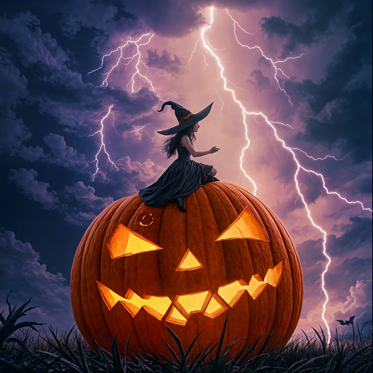 Witch Girl on Giant Jack-o'-Lantern Under Stormy Purple Sky