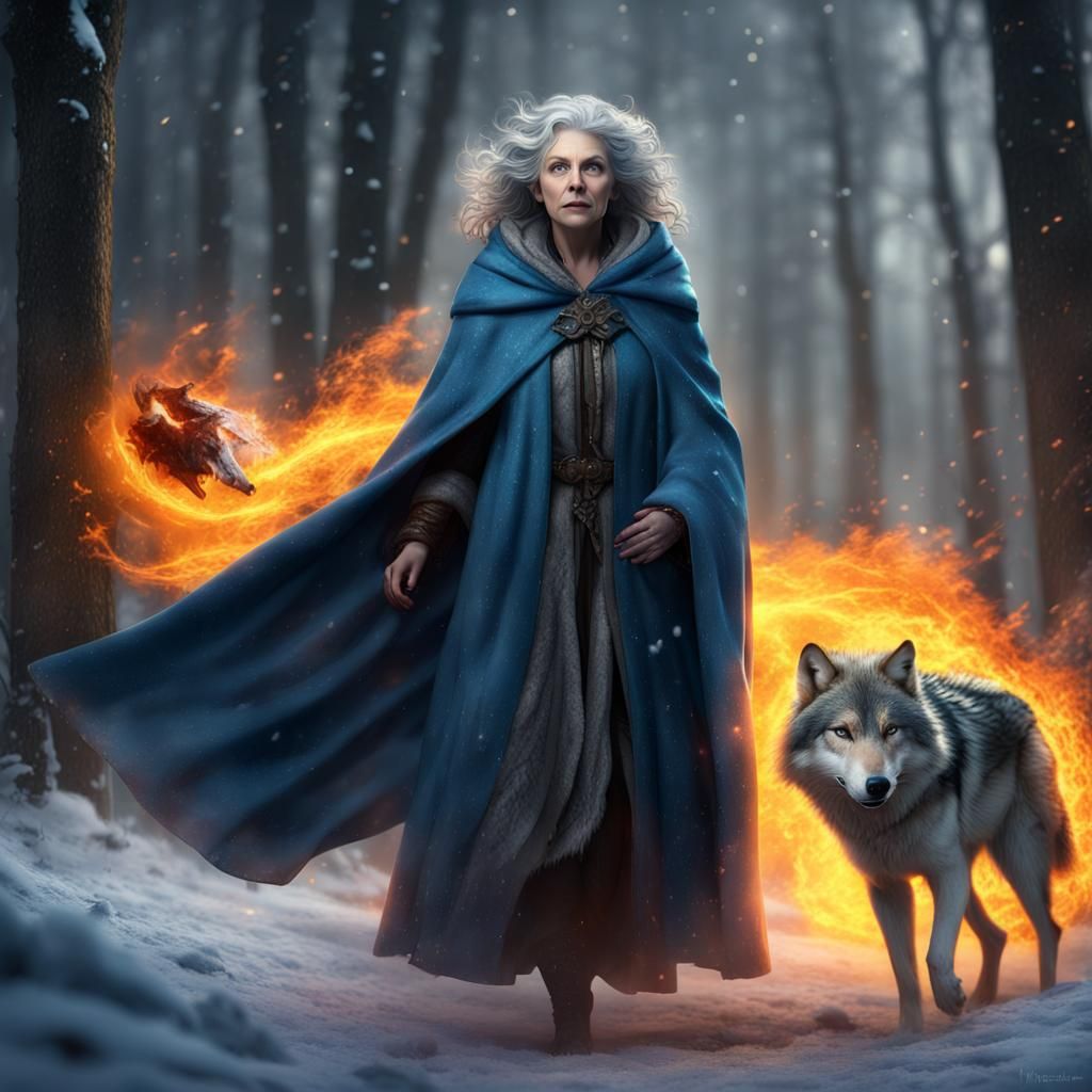 Mage Conjuring Fire in Snowy Landscape