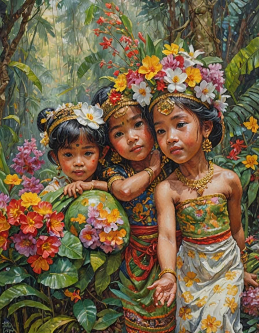 Balinese Dancers in Floral Setting, Oil Painting