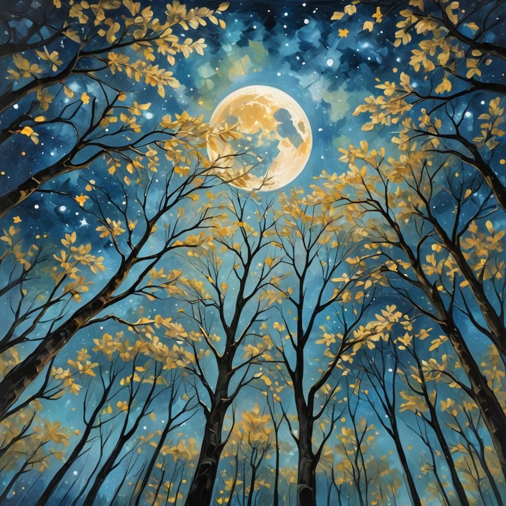 Romantic Landscape Painting: Starry Night Under Moonlight