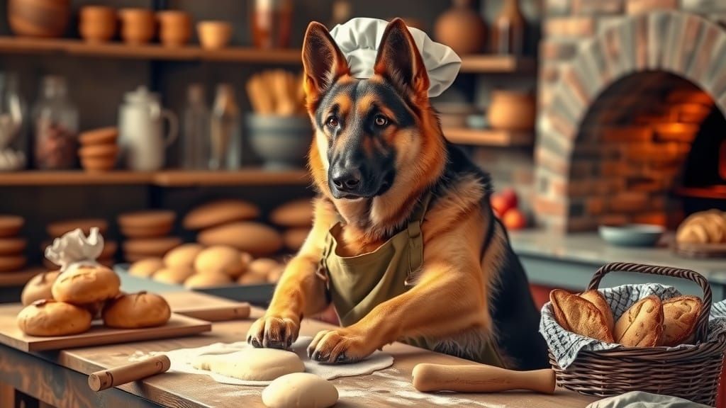 German Shepherd Baker in Rustic Bakery