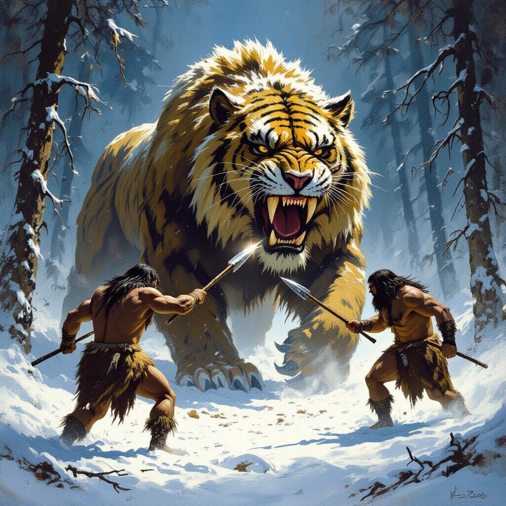 Neanderthals Battle Sabertooth Tiger in Icy Forest