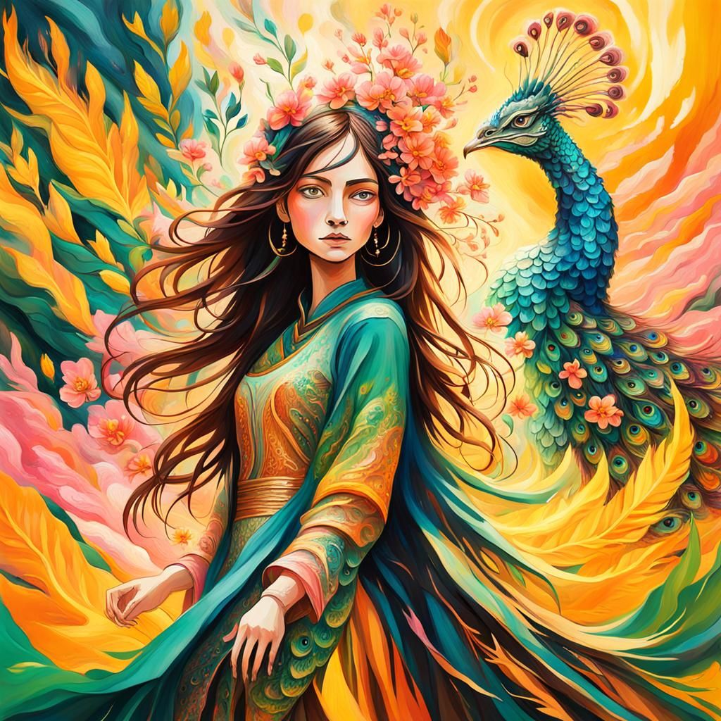 Dragon Peacock Woman in Abstract Expressionism Style