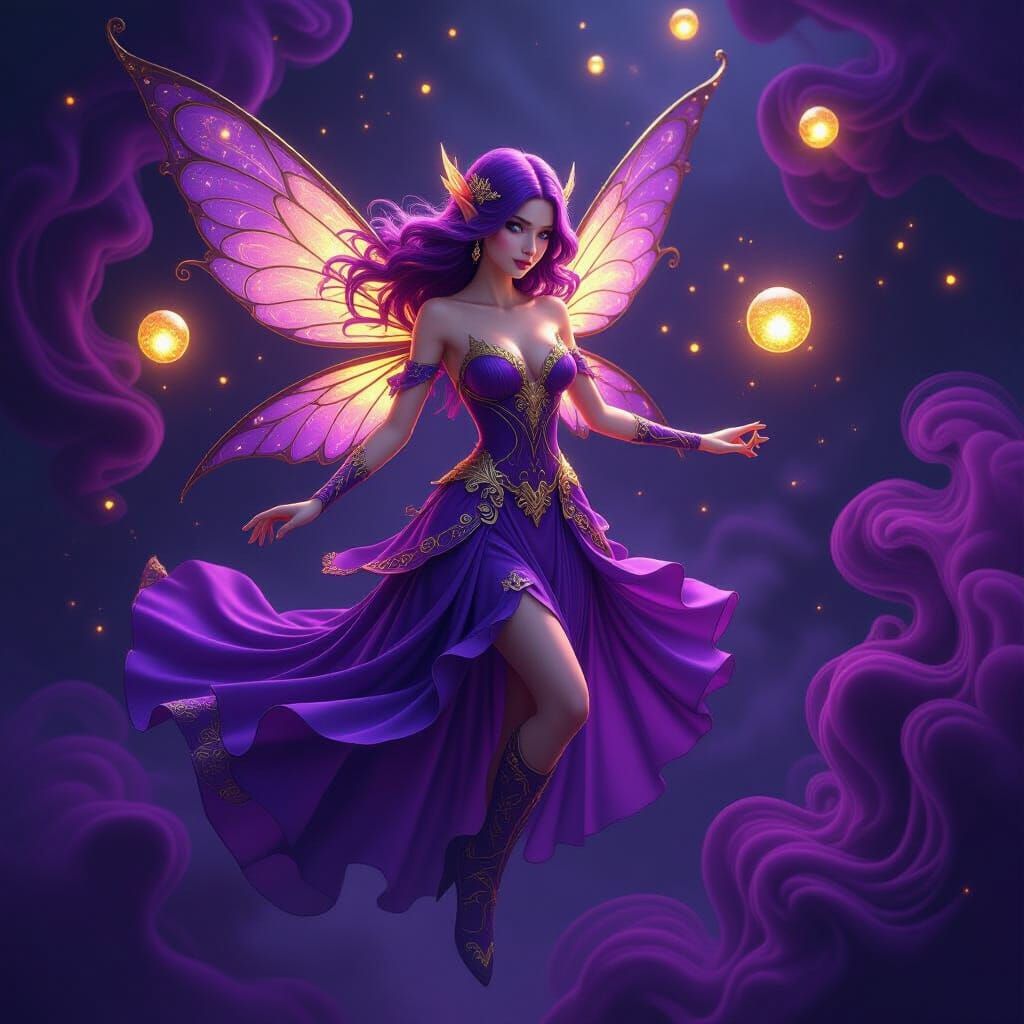 Intricate Fairy Amidst Swirling Smoke and Gold Orbs