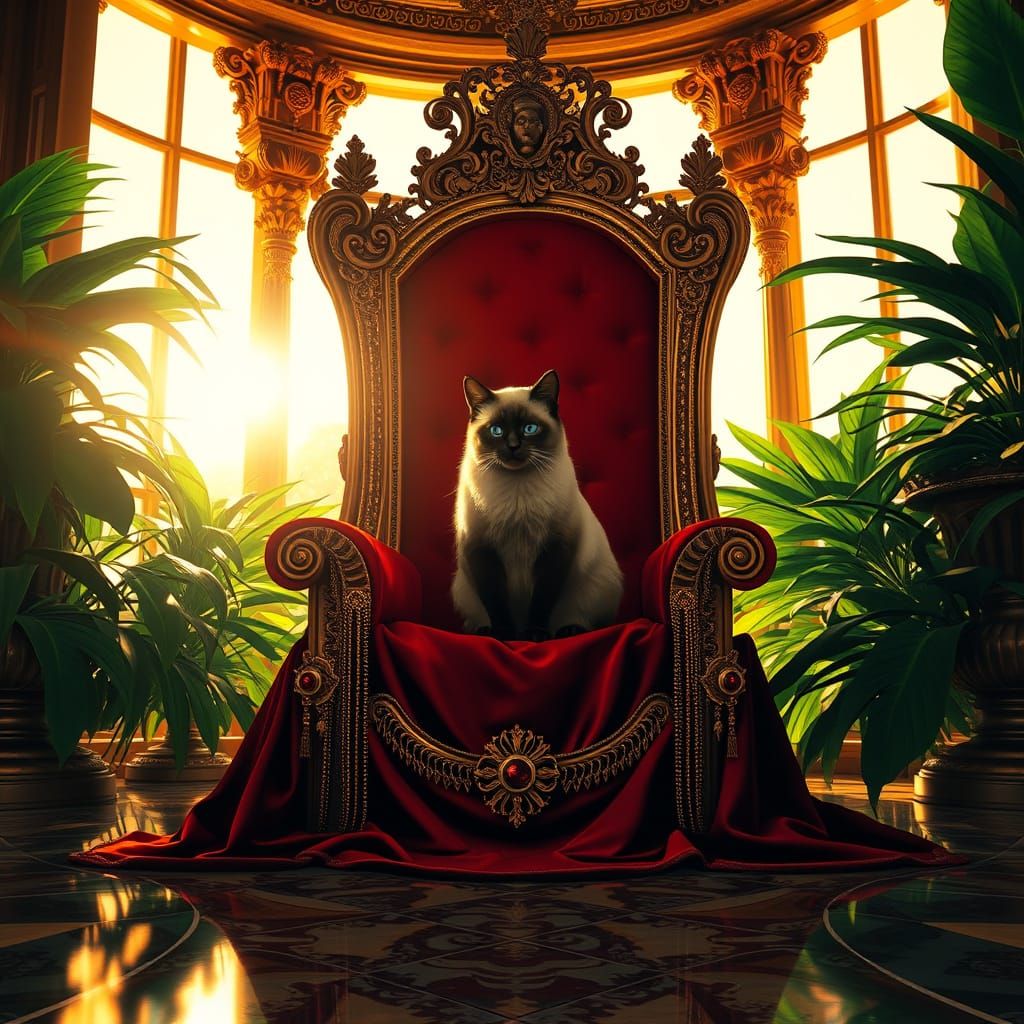 Regal Siamese Cat on Velvet Throne, in Dystopian Futurist St...