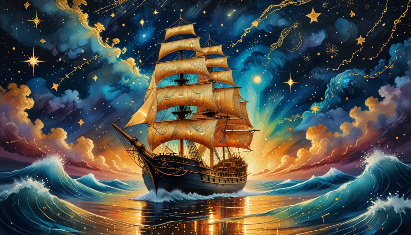 Cosmic Ship Sails Under Starry Skies