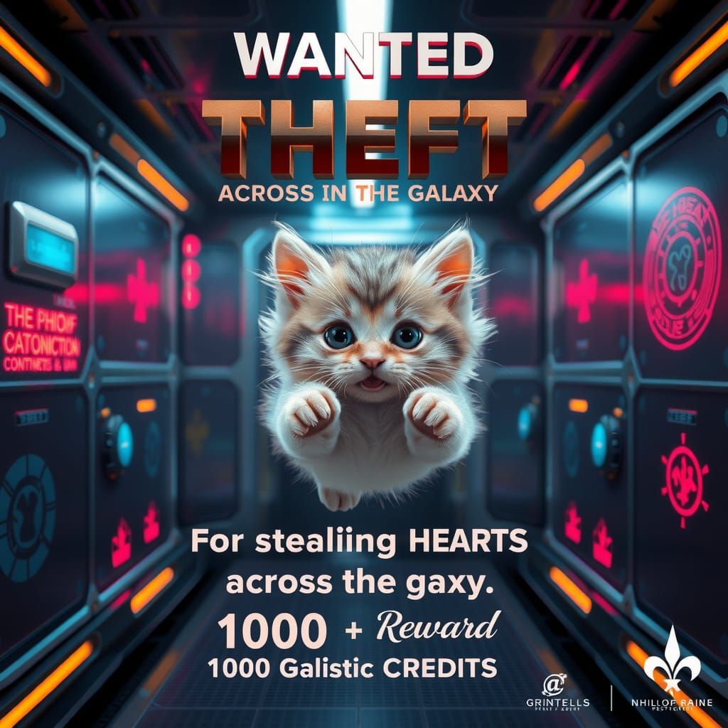 Kitten 'Wanted' Poster in Cyberpunk Style