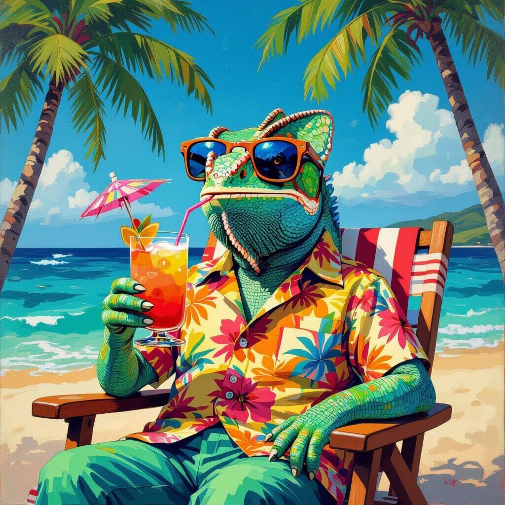 Chameleon enjoying a cocktail seated in a lounge by the beach, enjoying the cloudless sunshine.