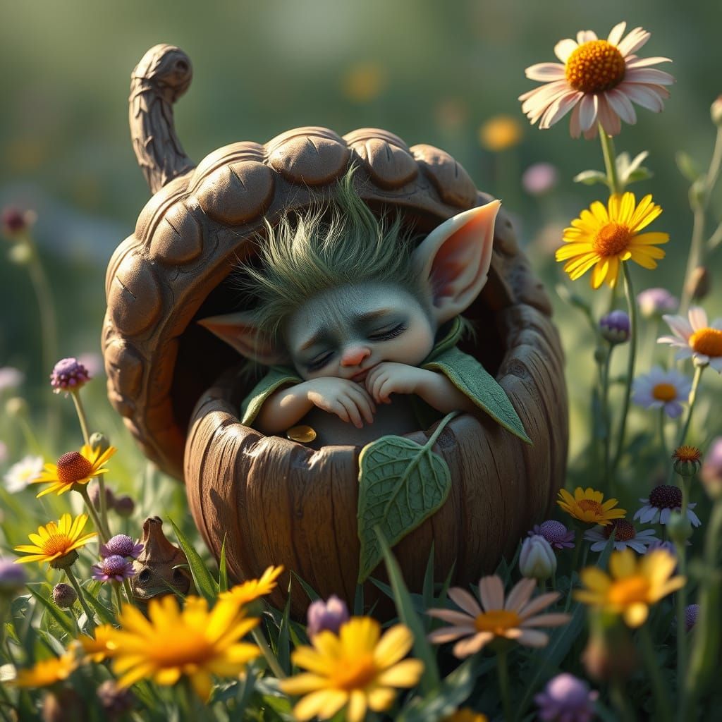 Miniature Troll Snoozing in Acorn, Fairytale Illustration